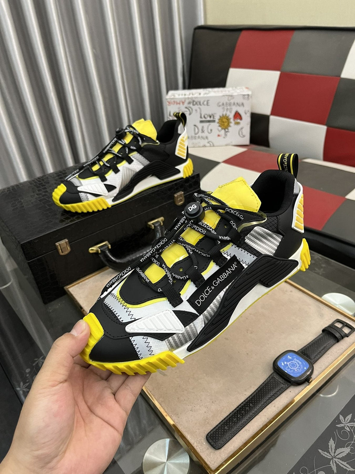 Dolce & Gabbana Black, White & Yellow Chunky Sneakers — model