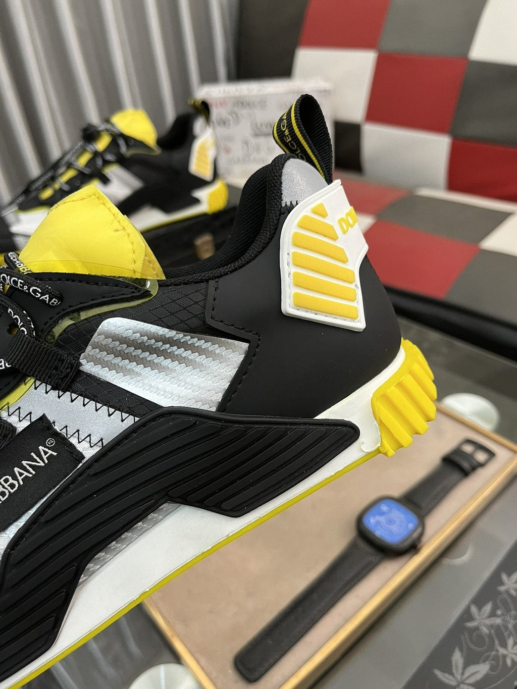 Dolce & Gabbana Black, White & Yellow Chunky Sneakers — detail