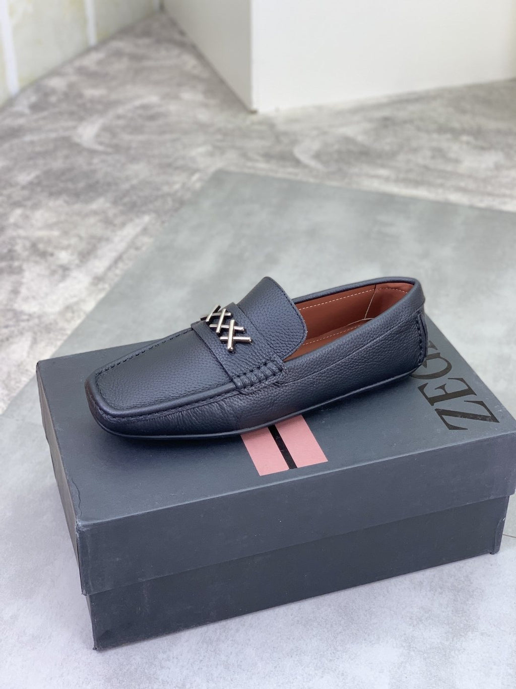Zegna Square-Toe Leather Loafers with X Accents — front
