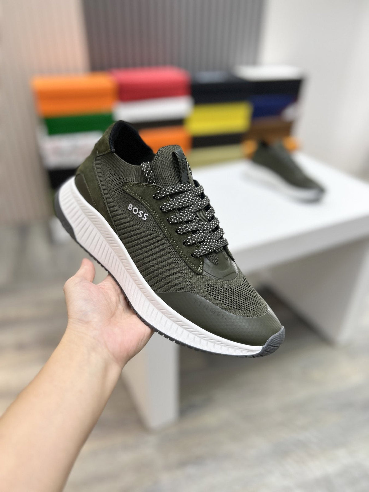 BOSS Men's Knit-Upper Ribbed-Sole Sneakers — model